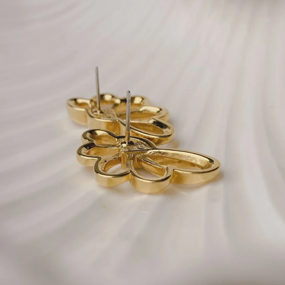 Vintage Avon Art Nouveau Asymmetrical Scallop Fan Shape Gold Rhinestone Earrings - Picture 5 of 8